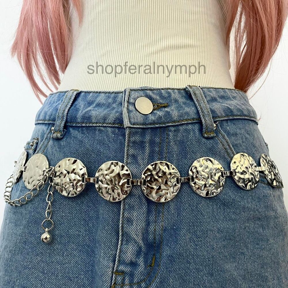 Silver Y2K Hammered Disc Boho Chain Belt, Fits 23-41 Inches, X7GA1531